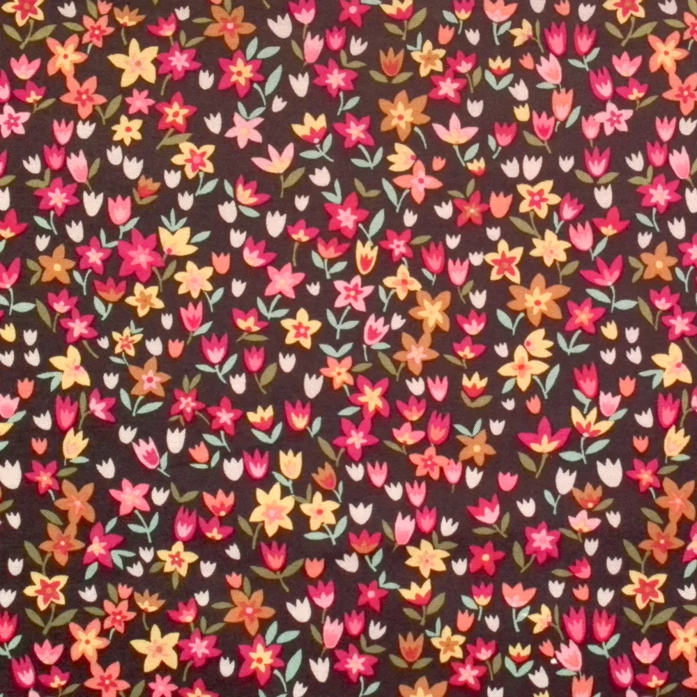 Quilting Fabric - Flowers on Brown from Suffolk Garden by Brie Harrison for Dashwood Studio SFGN1091