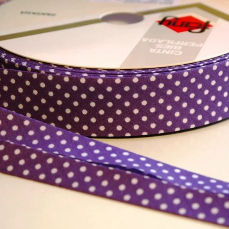 Bias Binding White Dots on Purple - 30mm Wide by Fany