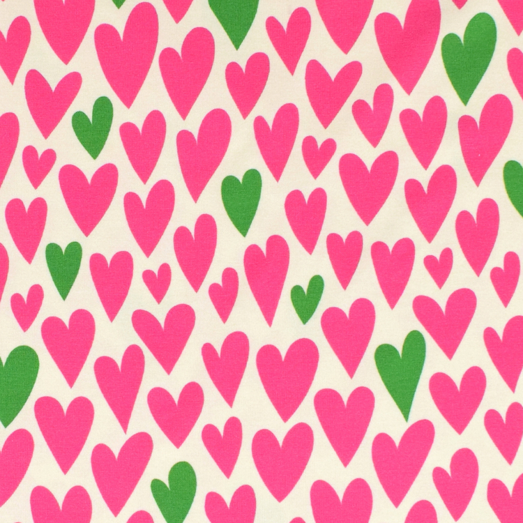 Organic Cotton Summer Sweat Fabric with Pink & Green Hearts On Cream 