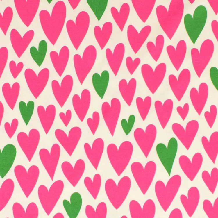 Organic Cotton Summer Sweat Fabric with Pink & Green Hearts On Cream 