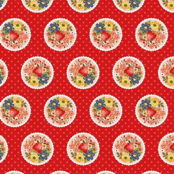 Quilting Fabric - Strawberry Medallion on Red from Betsy's Sewing Kit by Poppie Cotton Collection BK22107