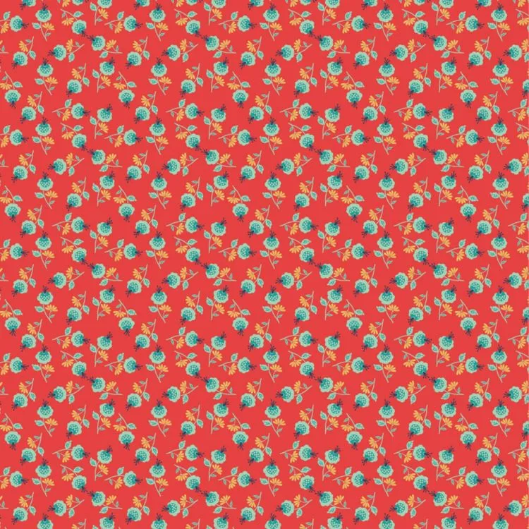 Quilting Fabric - Puff Flowers on Red from Betsy's Sewing Kit by Poppie Cotton Collection BK22110