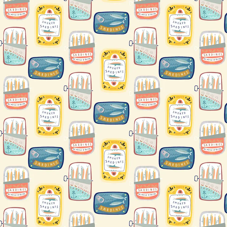 Quilting Fabric - Sardine Tins on Pale Yellow from Coast by Sally Payne for Dashwood Studios 2256