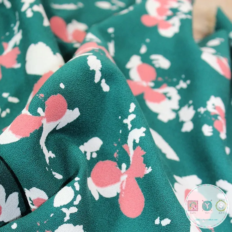 REMNANT - 1.25m - Viscose Crepe Fabric by Eglantine et Zoe - Clovers in Emerald Green