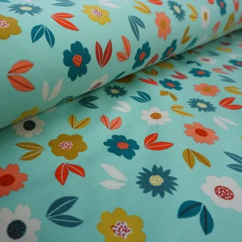 French Terry Fabric - Mint with a Modern Flower 