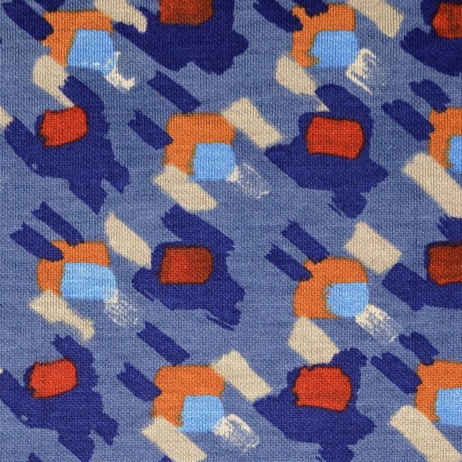 Stretch Fabric - Blue Abstract with a Rust and Taupe Geometric Pattern ...