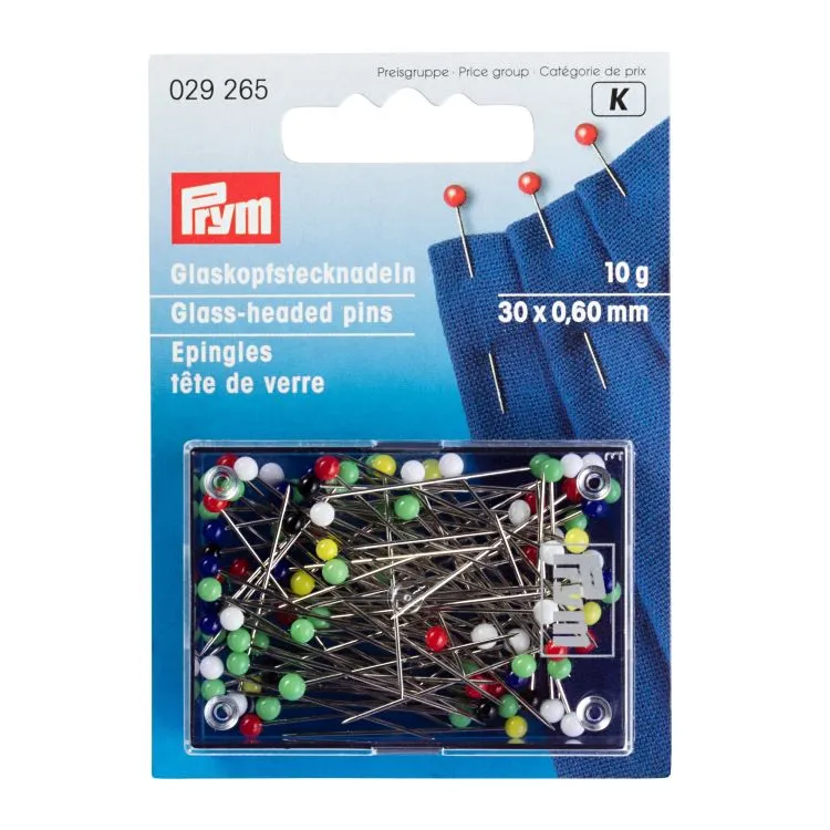 Prym Glass Head Pins - 0.60 x 30mm, multi-colour, 20g, plastic box 029216