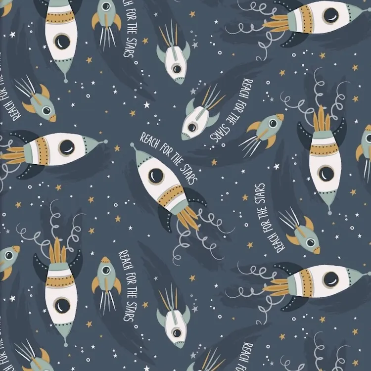 Cotton Flannel Fabric - Rockets on Navy Blue from Starry Adventures by 3 Wishes 20258