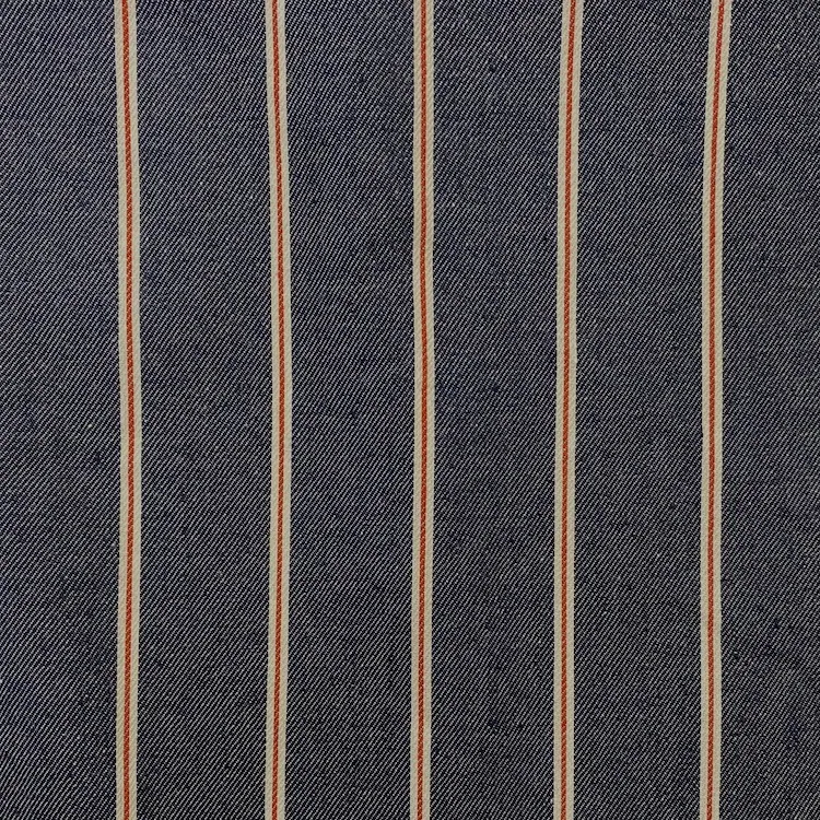 Light Weight Denim Fabric with Red Stripes on Dark Indigo