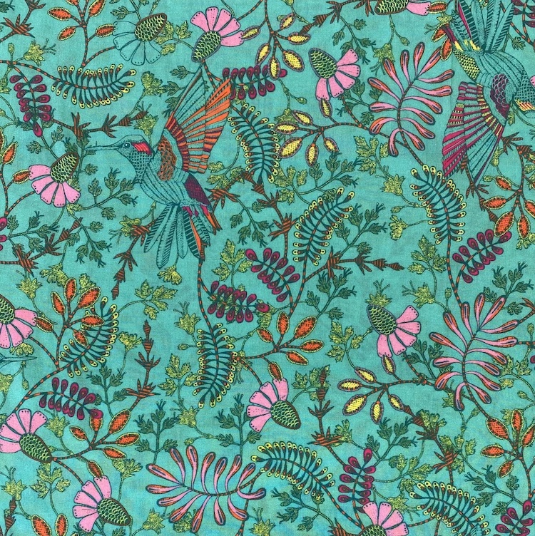 Viscose Voile Fabric with Hummingbirds and Flowers on Jade Green
