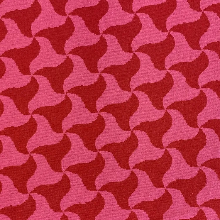 Recycled Cotton Blend Jaquard Fabric with Geometric Pink and Red Design