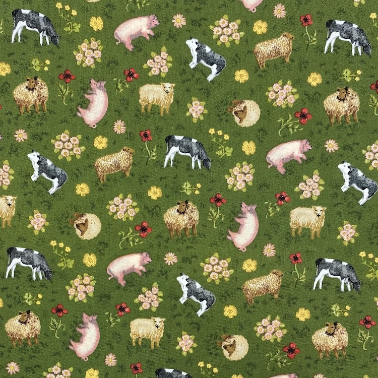 Quilting Fabric - Scattered Animals on Green from Buttercup Farm by Valerie Greeley for Makower 354