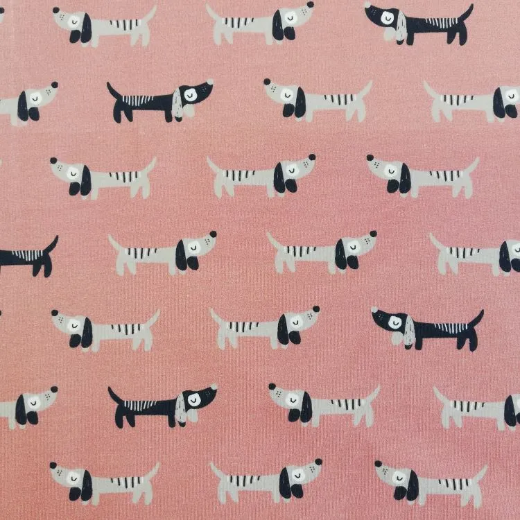 Brushed French Terry Fabric with Doggies on Dusty Pink