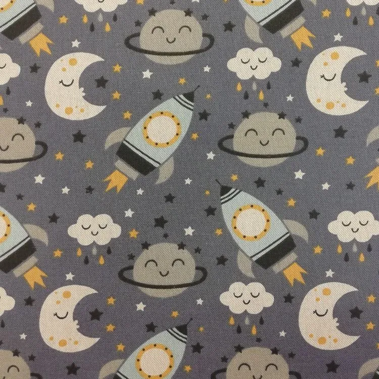 Canvas Fabric with Rockets And Moon on Blue Grey