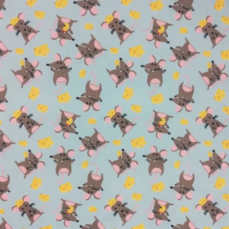 Cotton Jersey Fabric with Mouse and Cheese and Aqua Blue