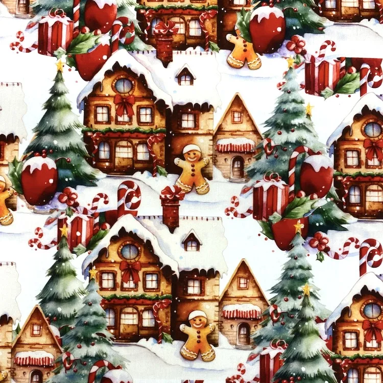 Cotton Poplin Fabric with Gingerbread House Christmas Scenery