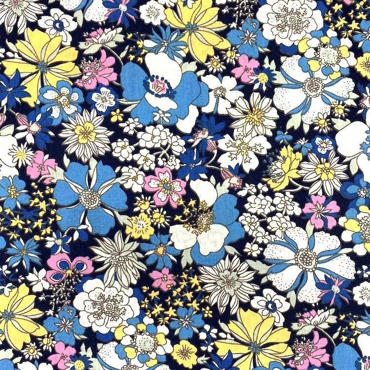 Cotton Poplin Fabric with Packed Blue Florals on Navy