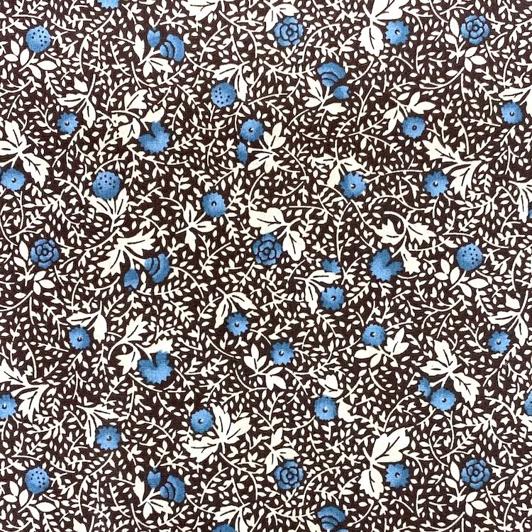 Cotton Poplin Fabric with Blue Flower With Cream Leafy Vines on Brown 