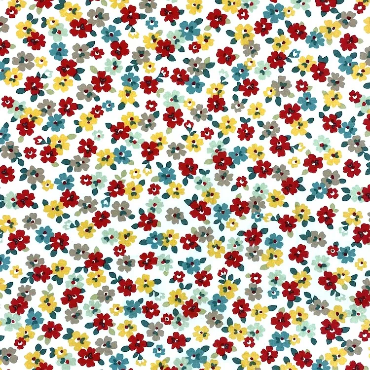 Cotton Poplin Fabric with Red, Yellow and Green Flowers on White