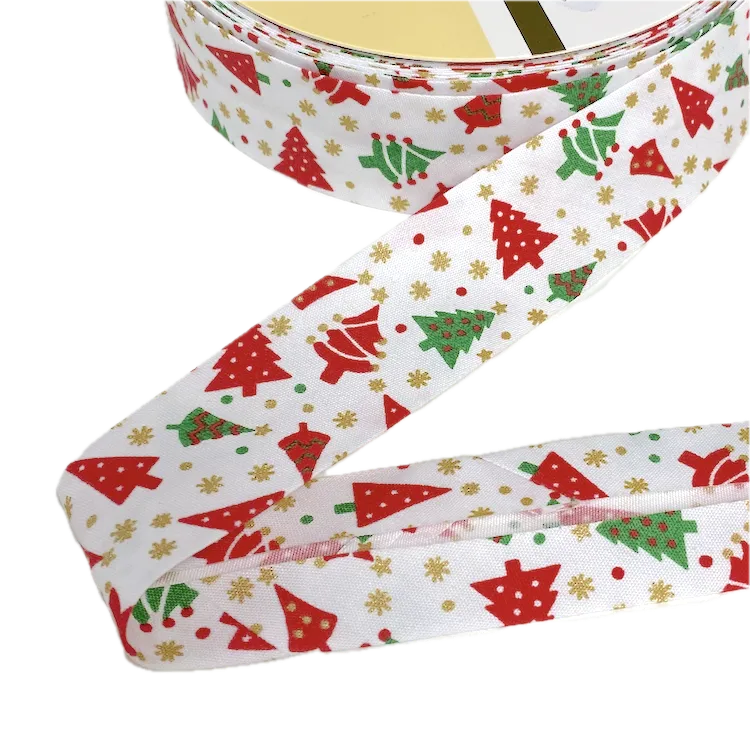 Bias Binding Christmas Trees on White with Metallic Accents Col.202 - 30mm Wide by Fany