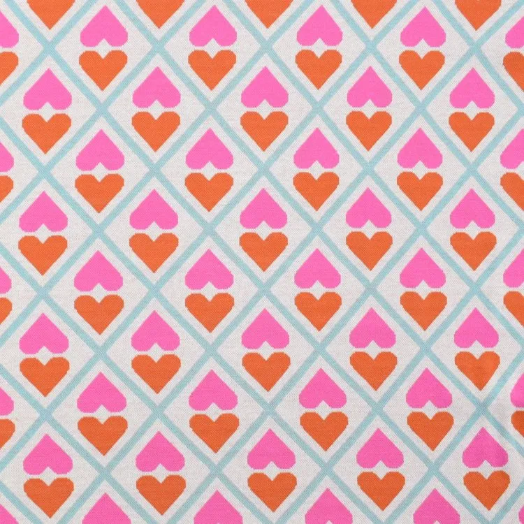 Organic Cotton Jaquard Fabric with Geometric Pink & Mustard Heart Design on Ivory