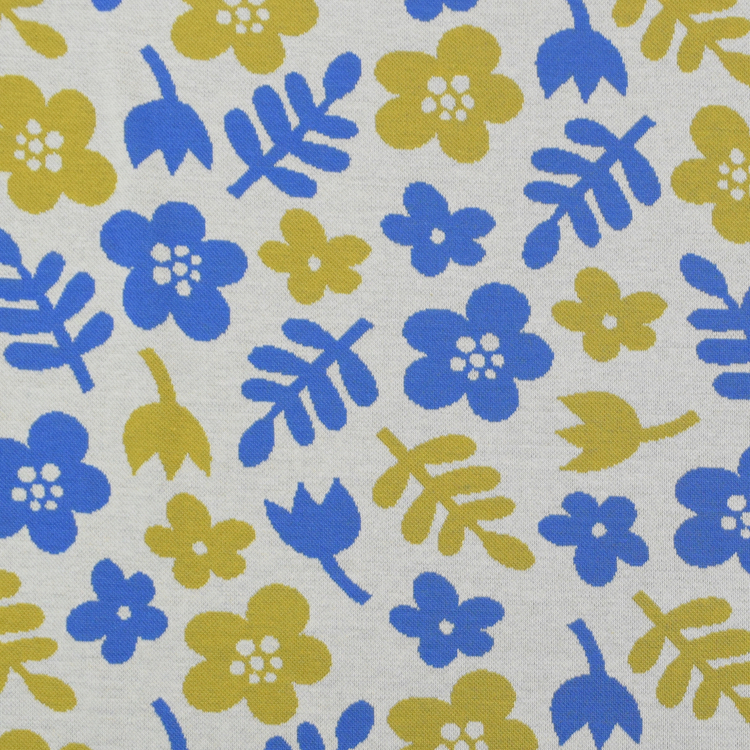 Organic Cotton Jaquard Fabric with Blue & Mustard Flower Design on Ivory