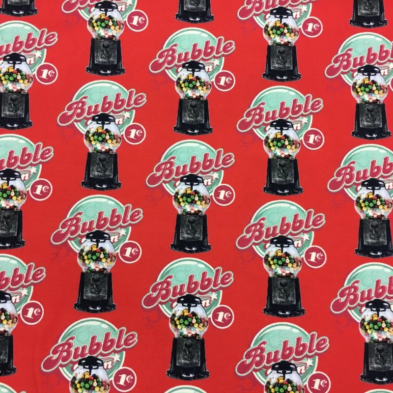 Cotton Jersey Fabric  - Bubblegum Machine on Red