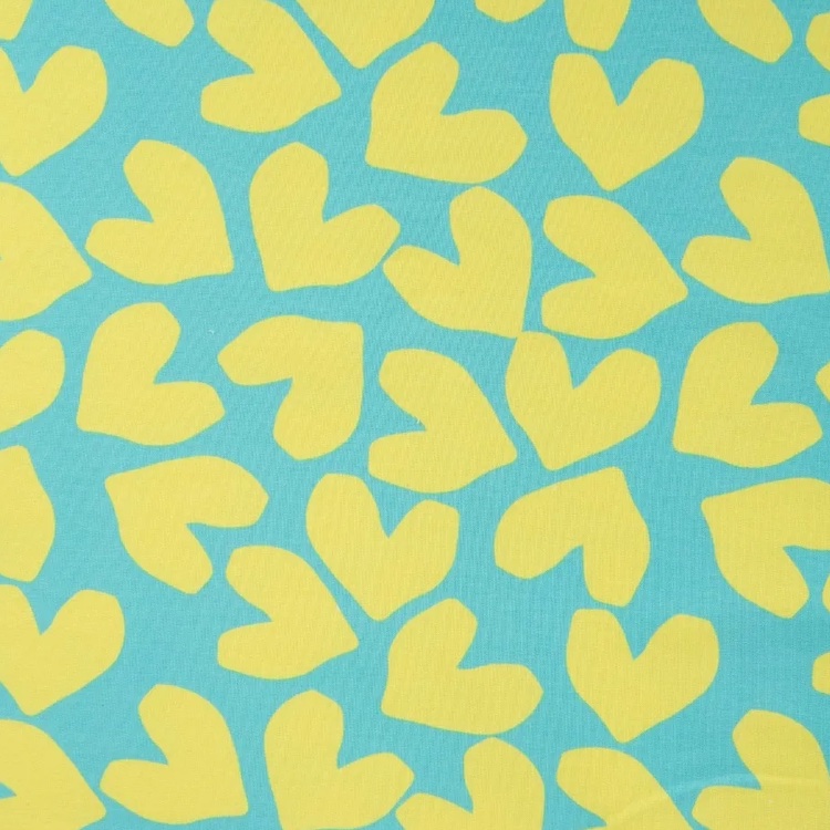 French Terry Fabric with Neon Yellow Hearts on Mint Green