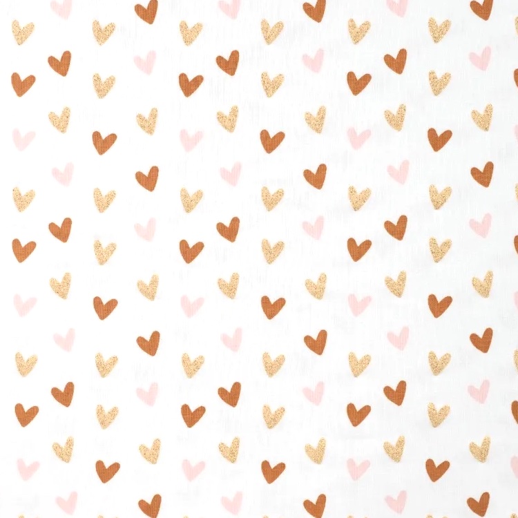 Cotton Jersey Fabric with Pink, Rust and Glitter Hearts on Off White