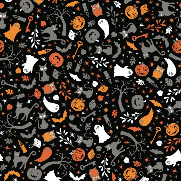 Quilting Fabric - Halloween Icons on Black from Pumpkins And Potions by Kimberbell for Maywood Studios MAS10571-J