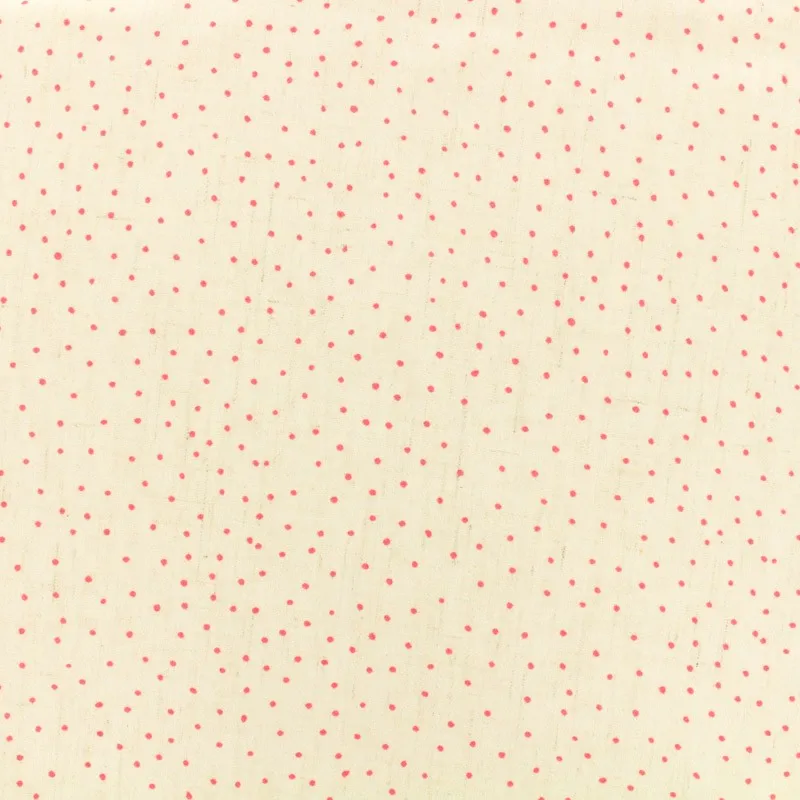 Deadstock - Linen Viscose Blend Fabric Ecru with Pink Dots and a Faint Light Grey Crosshatch. 