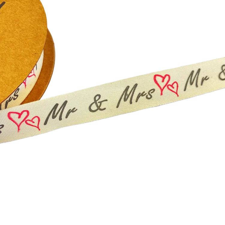 15mm Cotton Tape with Mr and Mrs on Natural