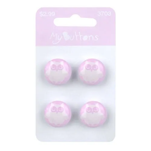 Buttons - 16mm Plastic Pink Owls Pack of 4