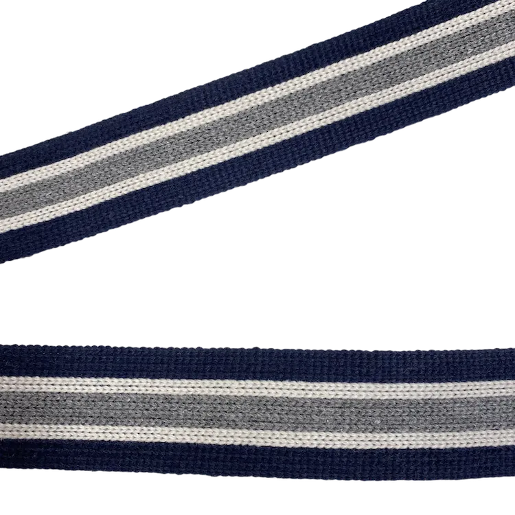 Bag Webbing - 40mm Cotton Blend in Navy Blue with Ecru and Grey Stripe