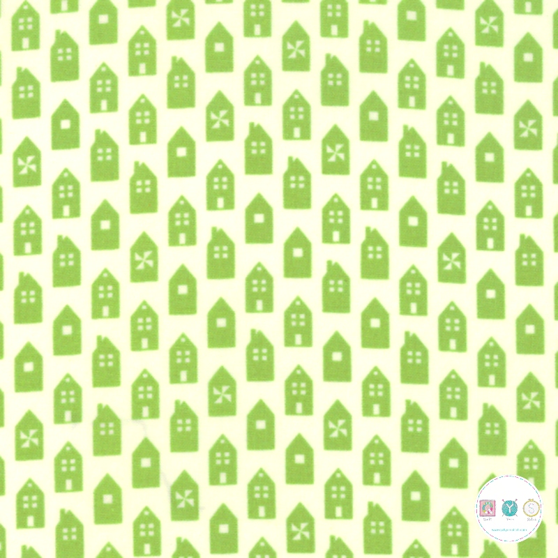 Quilting Fabric with Green Houses on Cream from At Home by Bonnie & Camille for Moda 55202