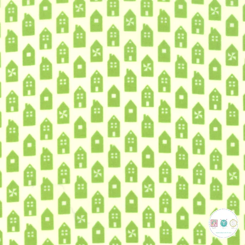 Quilting Fabric with Green Houses on Cream from At Home by Bonnie & Camille for Moda 55202