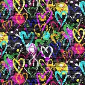 Quilting Fabric - Graffiti Hearts on Black by Weekday Best for 3 Wishes 19140 