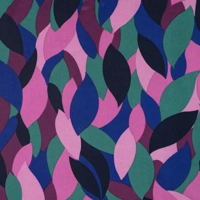 Viscose Twill Fabric with Abstract Leaves in Purples and Green