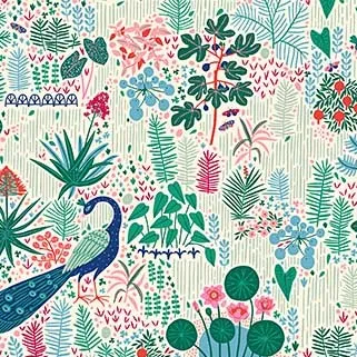 Quilting Fabric - Peacocks Landscape on Cream from Glasshouse by Emily Taylor for Figo Fabrics