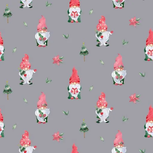 Cotton Poplin Fabric in Grey with Gnomes Digital Print 140cm wide