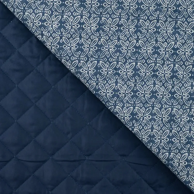 Quilted Chambray Fabric with Tile Pattern on Blue