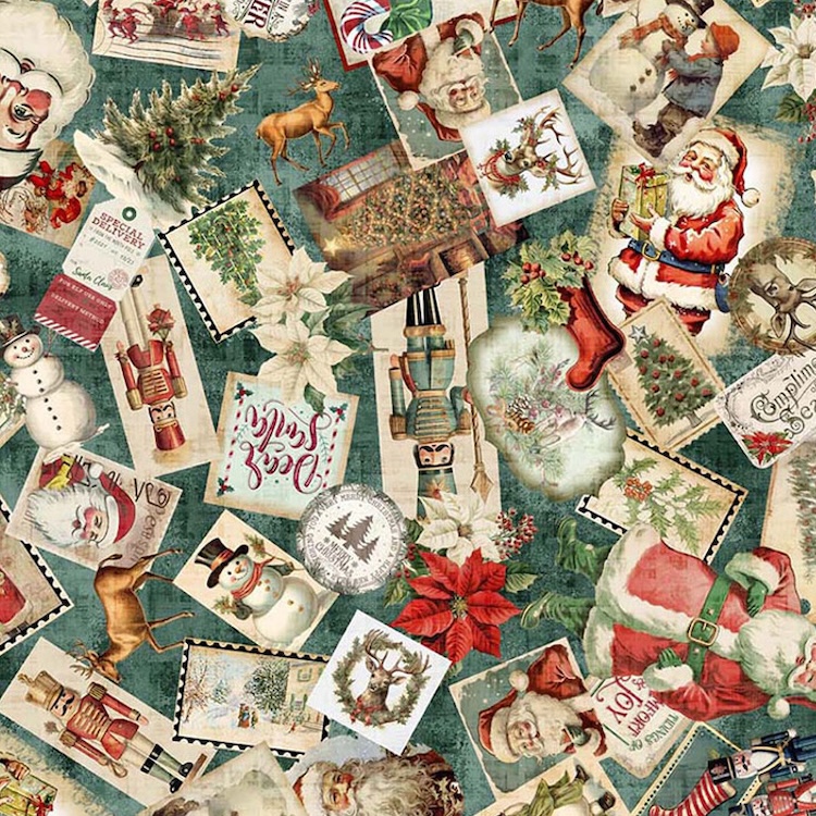 Quilting Fabric - Vintage Scattered Images on Green from Wonderful Christmastime by Morris Creative for Quilting Treasures 30335 -Q