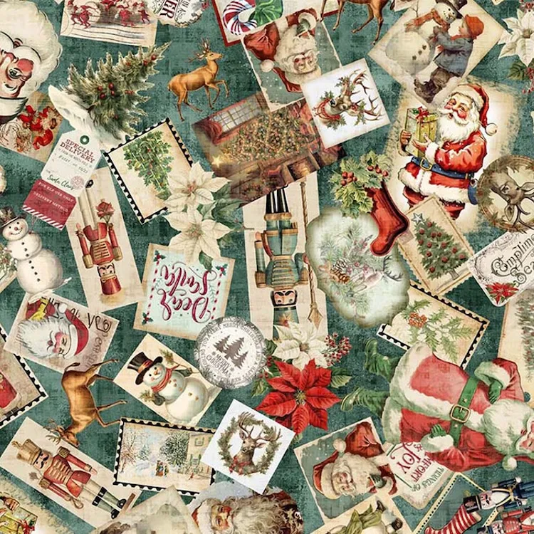 Quilting Fabric - Vintage Scattered Images on Green from Wonderful Christmastime by Morris Creative for Quilting Treasures 30335 -Q