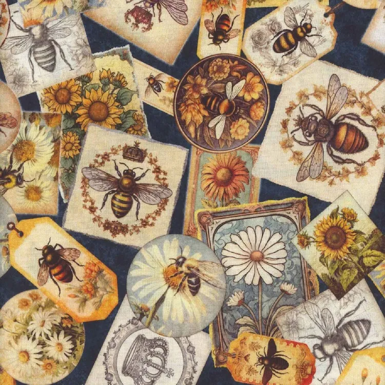 Quilt Backing Fabric 108" Wide - Vintage Bee Labels on Navy from Queen Bee by Dan Morris for Quilting Treasures 30483 -W