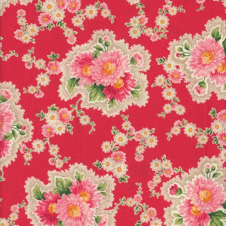 Quilting Fabric - Large Doily Floral on Red from Vintage Blooms by Quilting Treasures 30515 -R