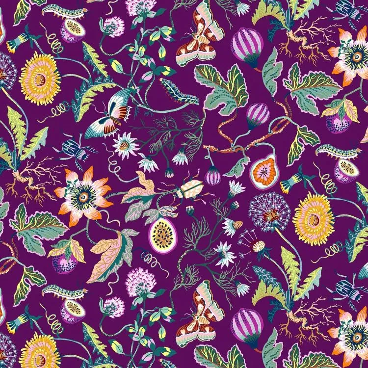 Quilting Fabric - Flowers and Bugs on Purple from Forage by Sarah Gordon for Figo 90332 89