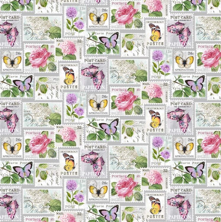 Quilting Fabric - Vintage Style Butterflies on Stamps from Scented Garden by Deborah Edwards for Northcott DP23970 92