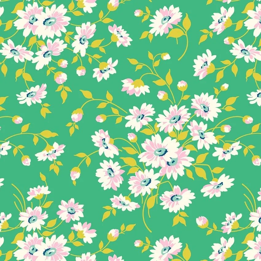 Quilting Fabric with Daisies on Green from True Kisses by Heather Bailey for Figo 90365 65