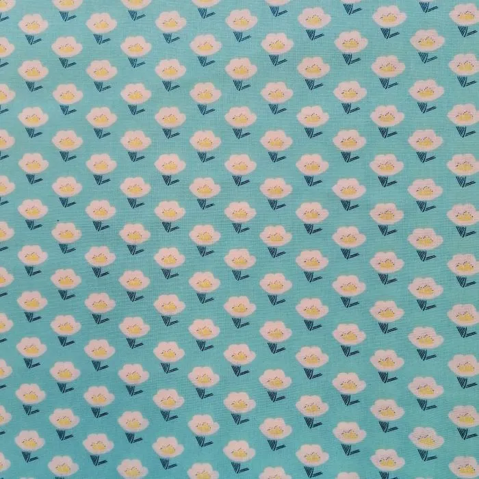 REMNANT - 0.65m - Quilting Fabric - White Flower on Blue from Meadow View by Anna Bella