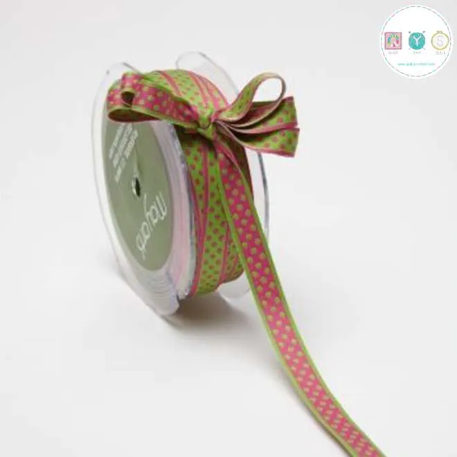 10mm Dotty Woven Reversible Ribbon in Pink & Green